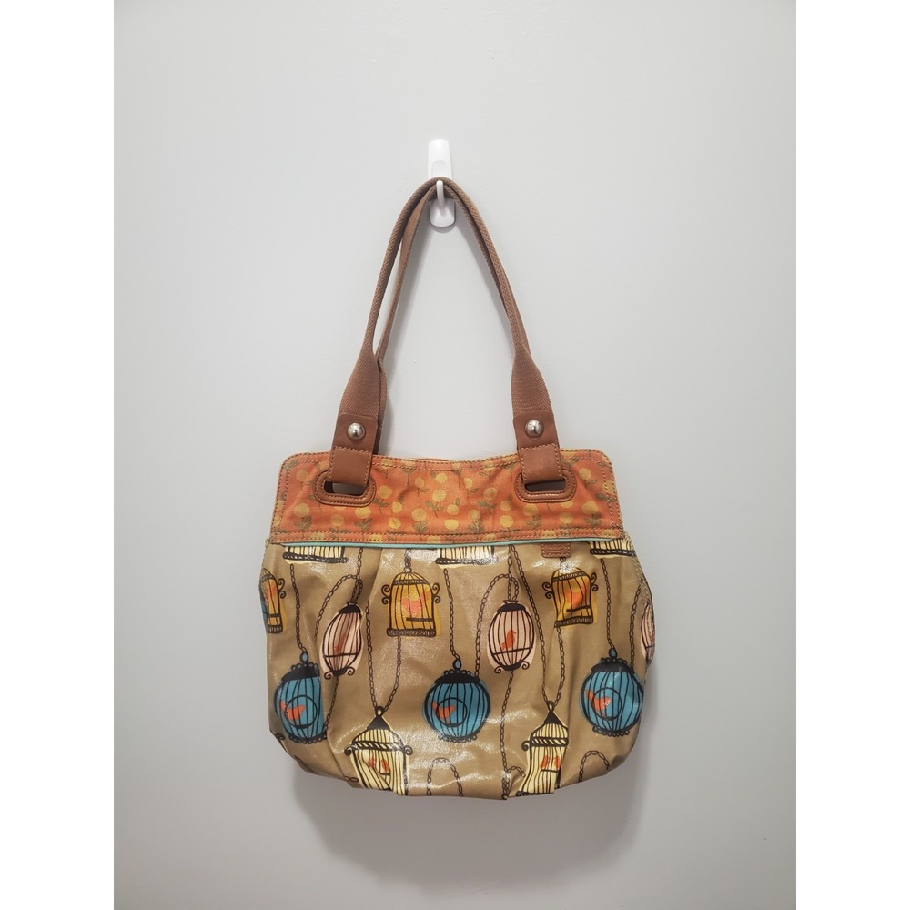 FOSSIL KEY-PER Bird Cage Coated Canvas Handbag Tote Purse